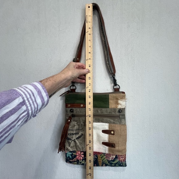 Myra Bag Boho Mixed Media Cotton Leather Canvas Burlap Patchwork Shoulder Bag - Picture 11 of 16